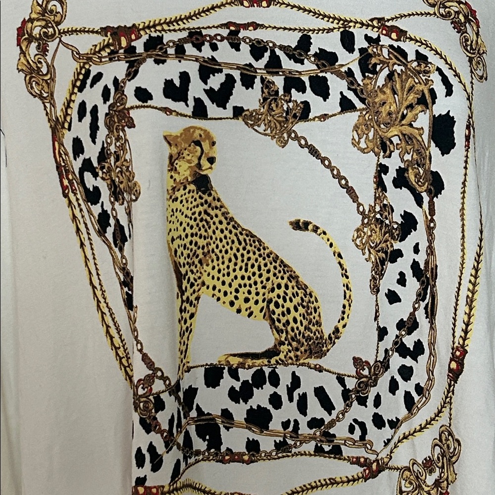 Chico’s Women’s Large Long Sleeve White Shirt Cheetah Graphic Front Pullover Top - Picture 2 of 4